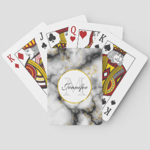 Modern White Grey Marble with Gold Ribbon Monogram Playing Cards