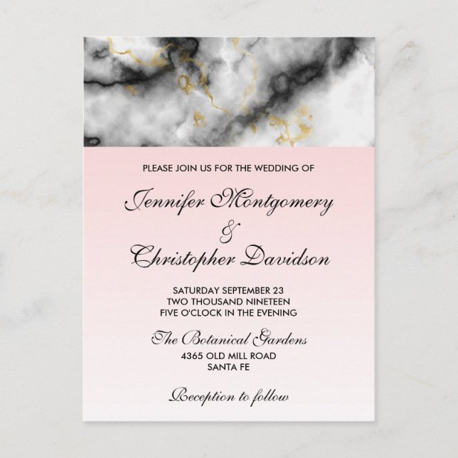 Modern White Grey Marble with Gold Ribbon Wedding Postcard (Front)