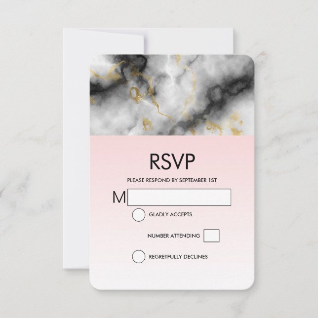 Modern White Grey Marble with Gold Ribbon Wedding RSVP Card (Front)