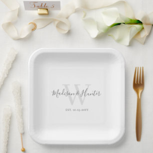 Modern White Grey Script Monogram Wedding Paper Plate