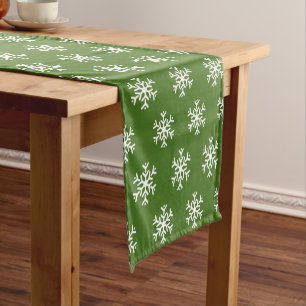 Modern White & Grren Merry Christmas & Fir Trees Short Table Runner