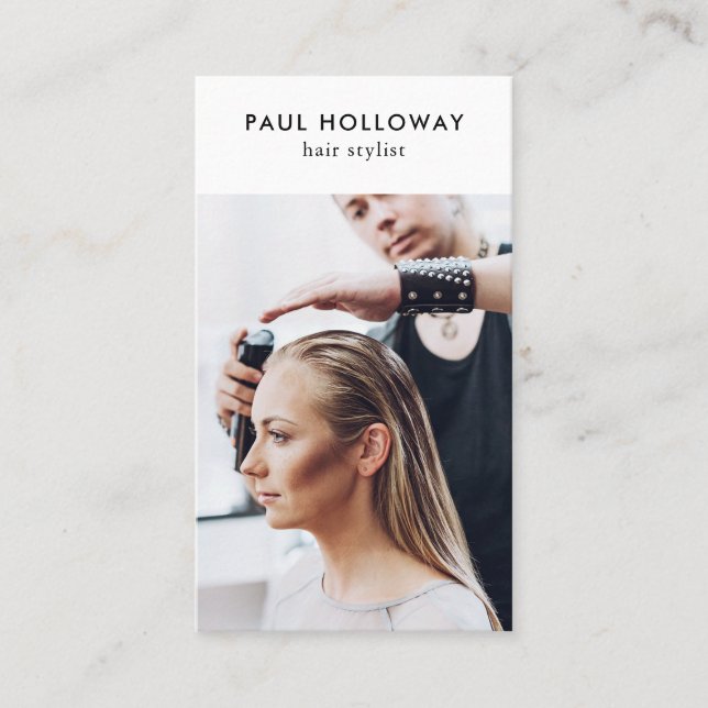 Modern white hair stylist photo simple elegant business card (Front)