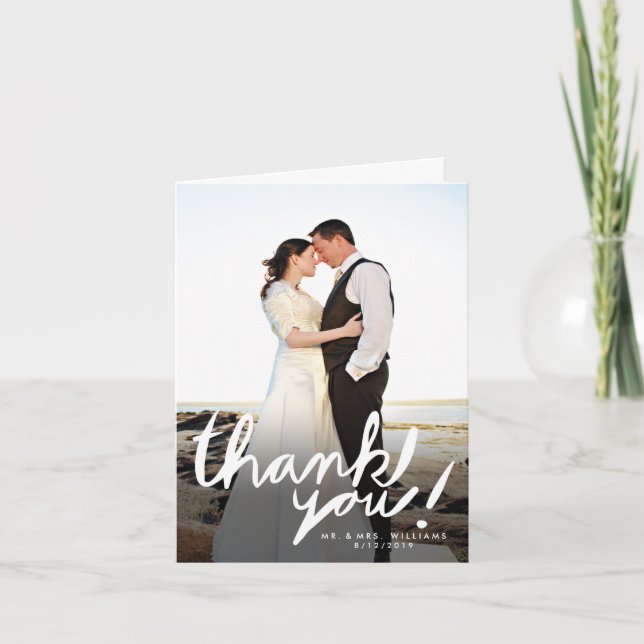 Modern White Hand Script Photo Thank You Card (Front)