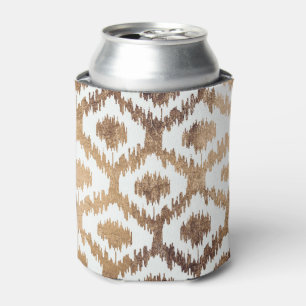 Modern white handrawn ikat pattern faux brass gold can cooler