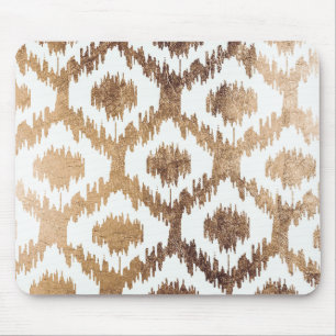 Modern white handrawn ikat pattern faux brass gold mouse pad