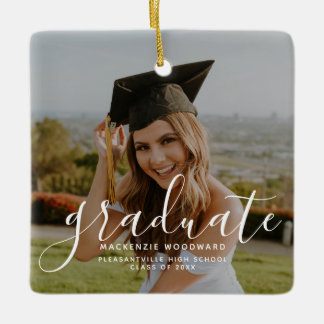 Modern White Handwriting Photo Graduation Ceramic Ornament