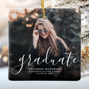 Modern White Handwriting Photo Graduation Ceramic Ornament