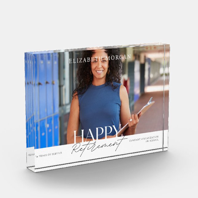 Modern White Happy Retirement Keepsake Photo Block (Left)