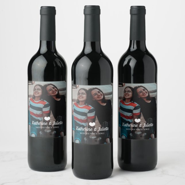 Modern White Heart Best Friend Friendship Photo Wine Label (Bottles)