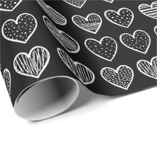 Modern white Hearts on black Happy Valentine's Day Wrapping Paper