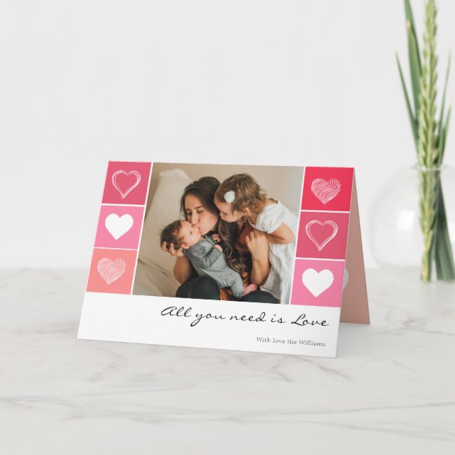 Modern white hearts red and pink photo Valentine Card (Front)