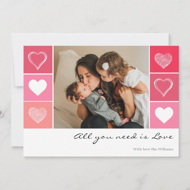 Modern white hearts red and pink photo Valentine Holiday Card (Front)