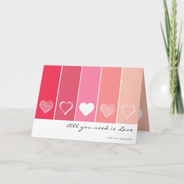 Modern white hearts red and pink stripes Valentine Card (Front)