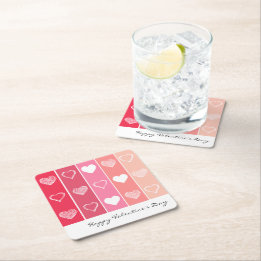 Modern white hearts red and pink stripes Valentine Square Paper Coaster