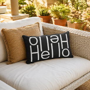 Modern White Hello Welcome Word Art On Black Lumbar Cushion