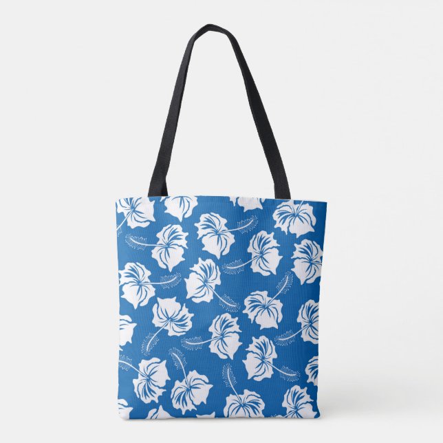 Modern White Hibiscus Flower Illustration Pattern Tote Bag (Back)