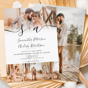 Modern white initials script 5 photos wedding invitation