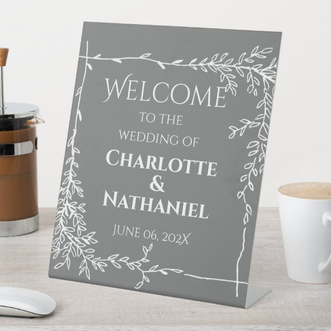 Modern White Leaves on Grey Wedding Welcome Pedestal Sign (In SItu)