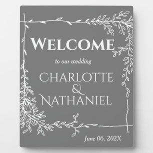 Modern White Leaves on Grey Wedding Welcome   Plaque