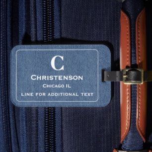 Modern White Lettering on Blue Denim Print Luggage Tag