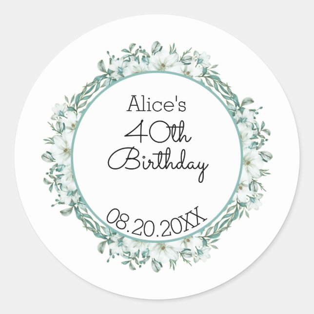 Modern White Magnolia Greenery 40th Birthday Classic Round Sticker (Front)