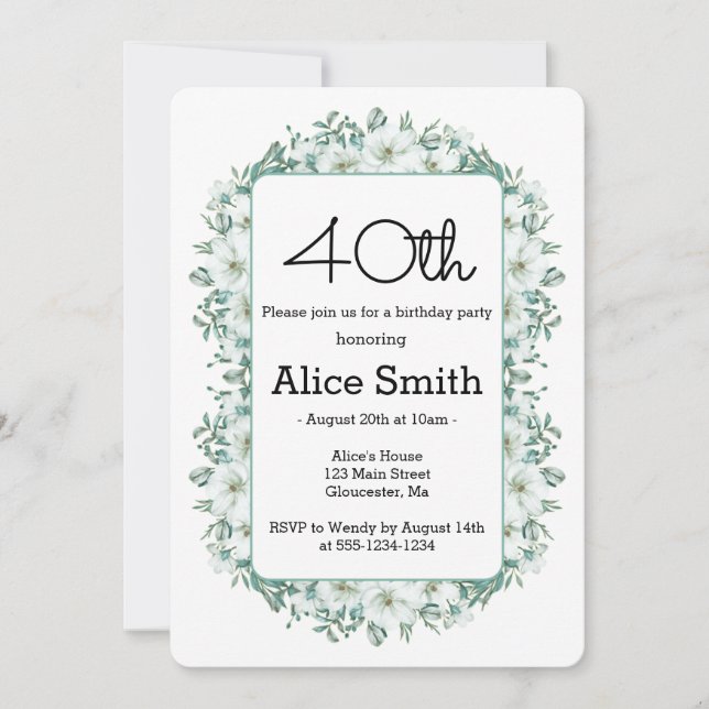 Modern White Magnolia Greenery 40th Birthday  Invitation (Front)