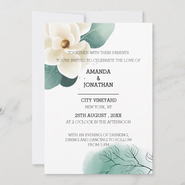 Modern White Magnolia Wedding Invitation Card (Front)