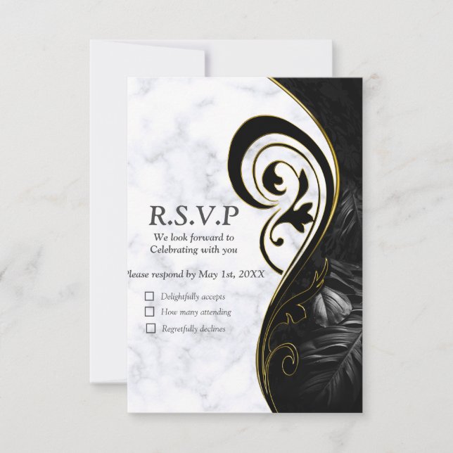 Modern White Marble Black Abstract RSVP Card (Front)