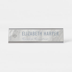 Modern White Marble & Blue Business Logo Custom Desk Name Plate