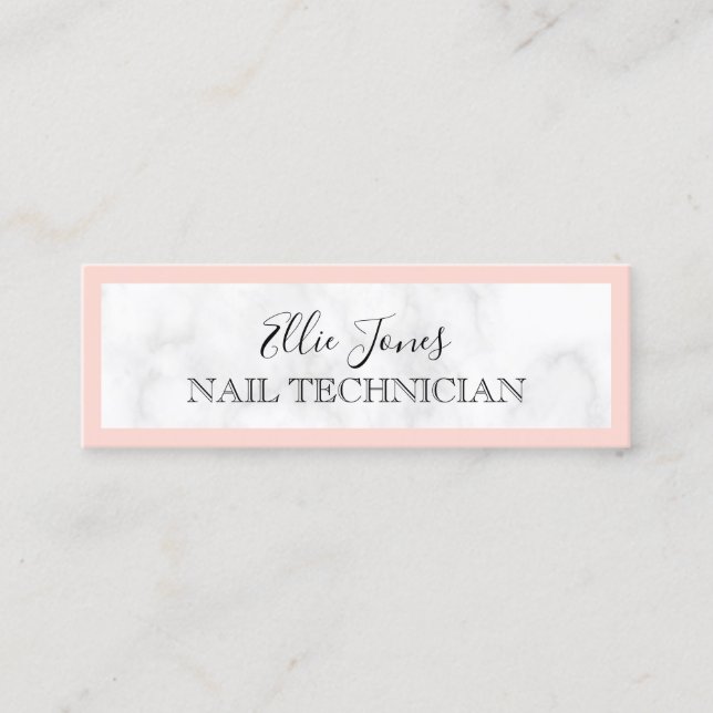 Modern white marble & blush pink nail technician mini business card (Front)