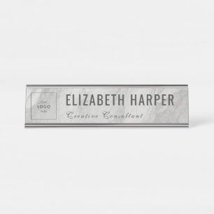 Modern White Marble Business Logo Custom Desk Name Plate