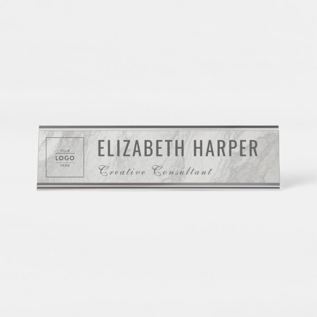 Modern White Marble Business Logo Custom Desk Name Plate (Front)