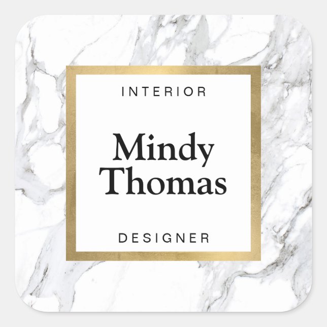 Modern White Marble Faux Gold Frame Square Sticker (Front)