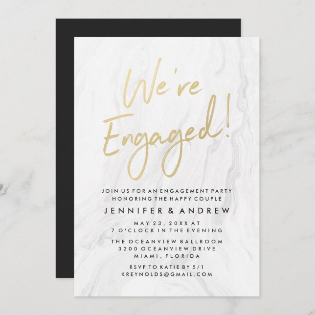 Modern White Marble Gold Script | Engagement Party Invitation (Front/Back)