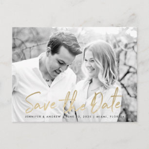 Modern White Marble Gold Script   Save The Date Announcement Postcard