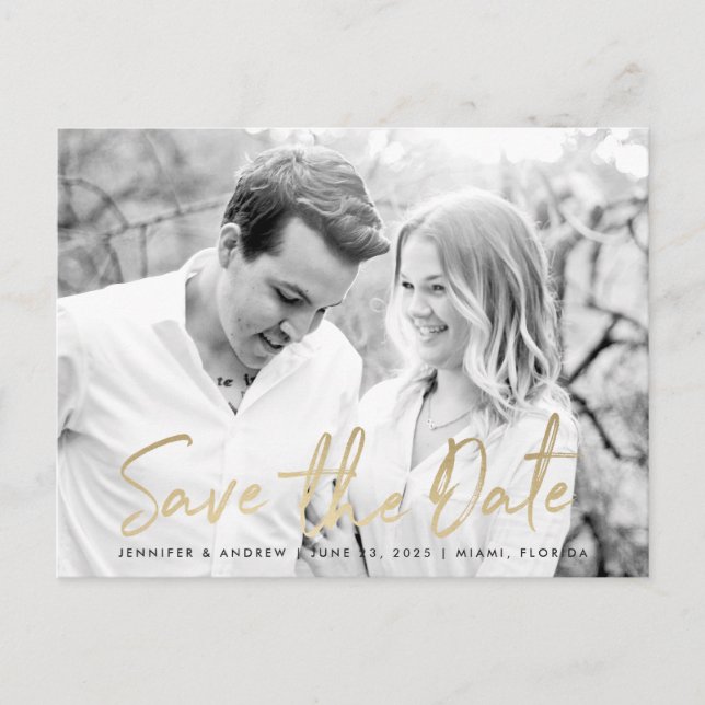 Modern White Marble Gold Script | Save The Date Announcement Postcard (Front)