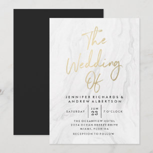 Modern White Marble Gold Script Wedding Invitation