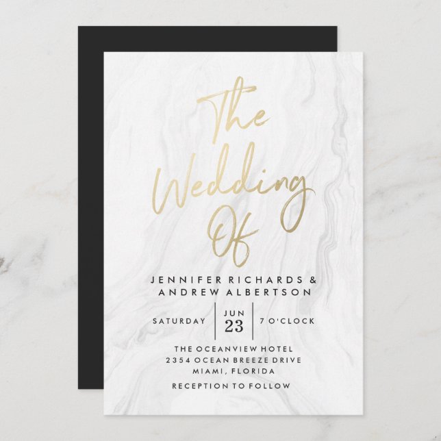 Modern White Marble Gold Script | Wedding Invitation (Front/Back)