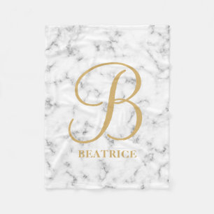 Modern white marble gold typography name monogram fleece blanket