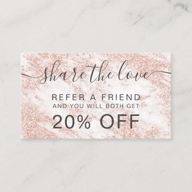 Modern white marble hair makeup rose gold glitter referral card (Front)