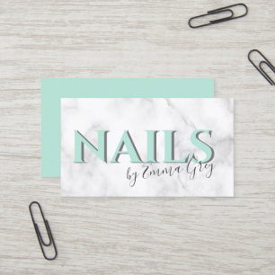 Modern white marble & mint green typography nails business card