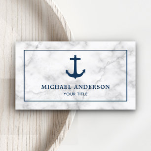 Modern White Marble Navy Blue Nautical Anchor Business Card
