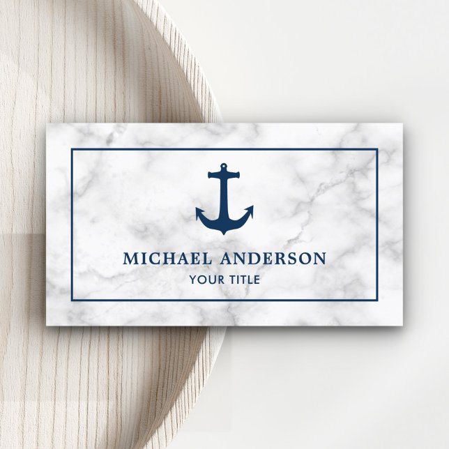 Modern White Marble Navy Blue Nautical Anchor Business Card (Creator Uploaded)