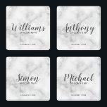 Modern White Marble Personalised Groomsmen Coaster Set<br><div class="desc">Modern Script Personalised Groomsmen Coaster
featuring personalised groomsman's name in grey modern script font style with title and wedding date in modern sans serif font style on white marble background.

Also perfect for Maid of Honour,  Flower Girl,  Mother of the Bride,  Groomsmen,  Best man and more.</div>