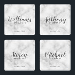 Modern White Marble Personalised Groomsmen Coaster Set<br><div class="desc">Modern Script Personalised Groomsmen Coaster
featuring personalised groomsman's name in grey modern script font style with title and wedding date in modern sans serif font style on white marble background.

Also perfect for Maid of Honour,  Flower Girl,  Mother of the Bride,  Groomsmen,  Best man and more.</div>