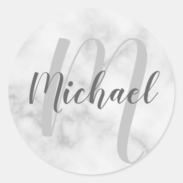 Modern White Marble Personalised Monogram and Name Classic Round Sticker (Front)