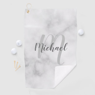 Modern White Marble Personalised Monogram & Name Golf Towel