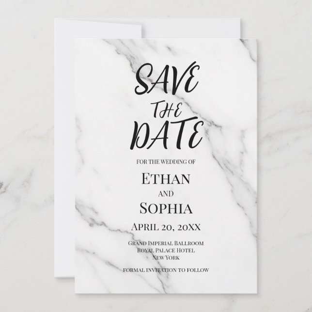 Modern White Marble Pink Border Save the Date Card (Front)