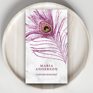 Modern White Marble Purple Peacock Feather Business Card