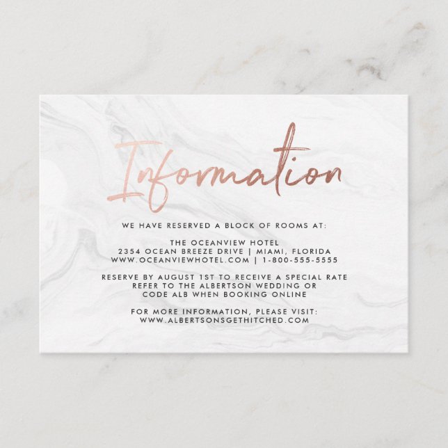 Modern White Marble Rose Gold | Information Card (Front)